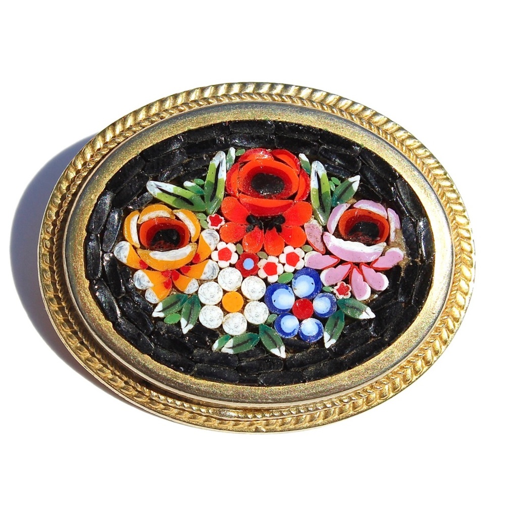 Vintage Micro Mosaic Floral Brooch Pin Gold Tone